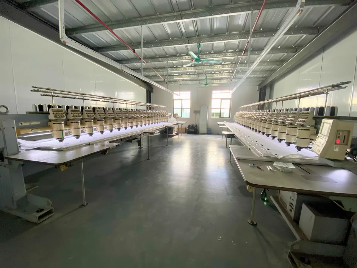 Multi-head embroidery machines in the SXMX hat factory in Dongguan, China