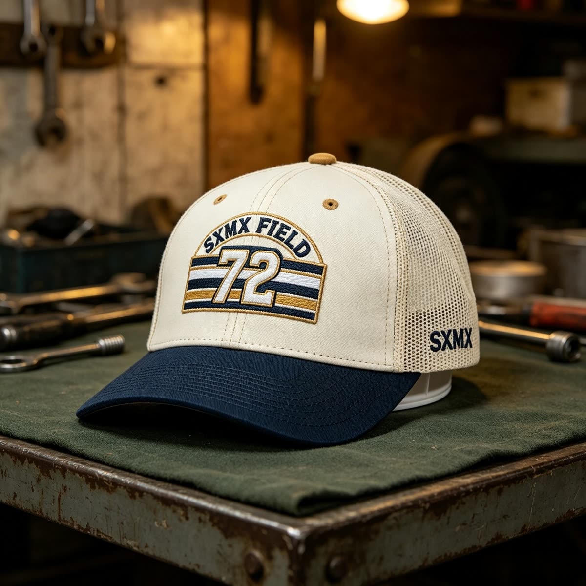 Custom Striped Patch Trucker Cap with Mesh Back scene