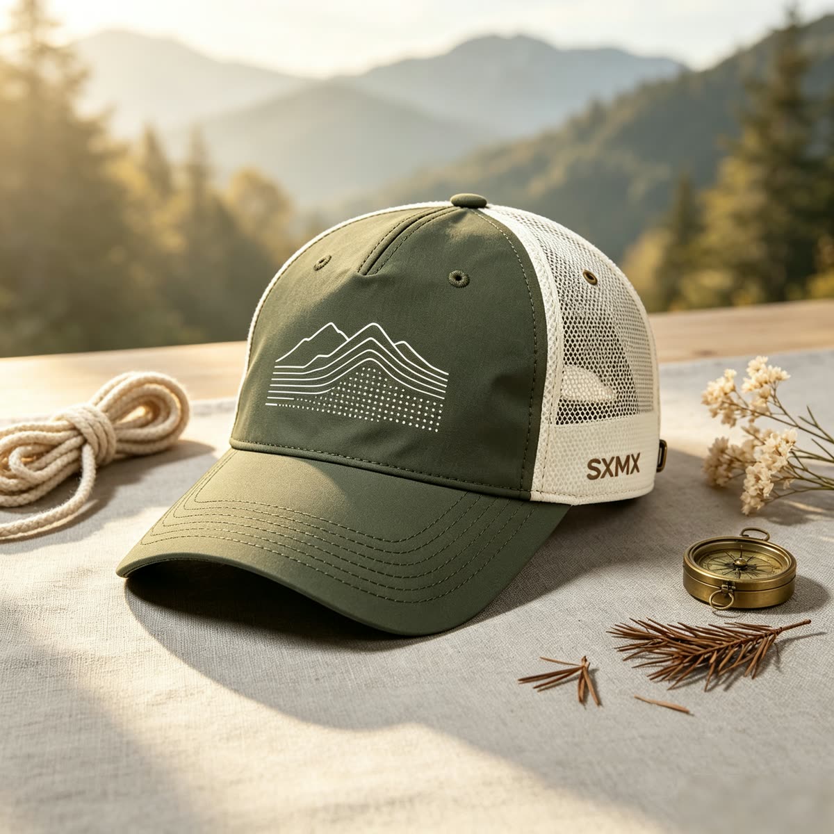 Custom Mountain Print Camp Cap with Mesh Back scene