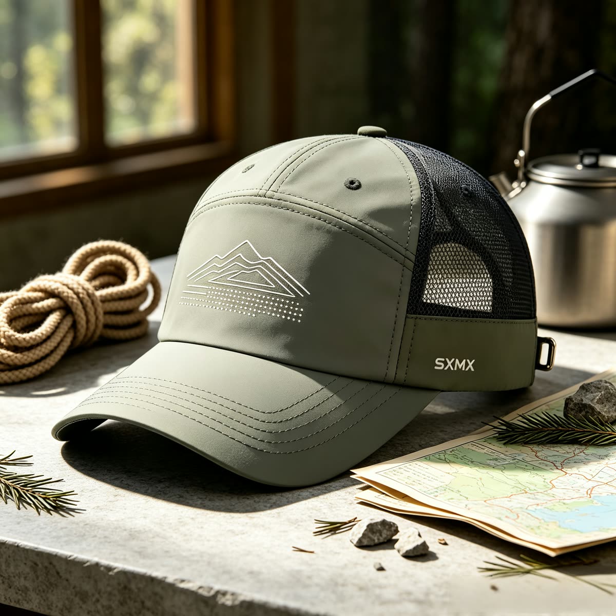 Custom Mountain Print Camp Cap with Mesh Back scene