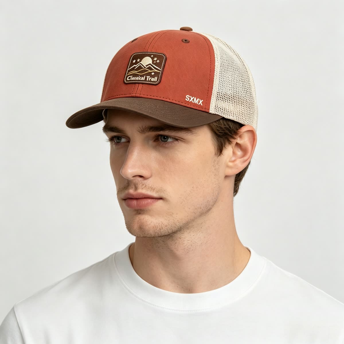 Custom Mountain Patch Trucker Cap with Black Mesh Back on model