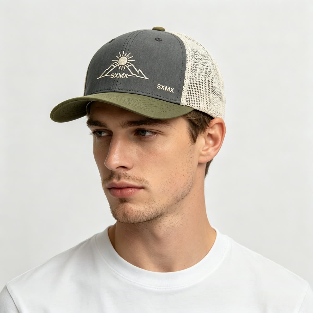 Custom Mountain Patch Trucker Cap with Black Mesh Back on model