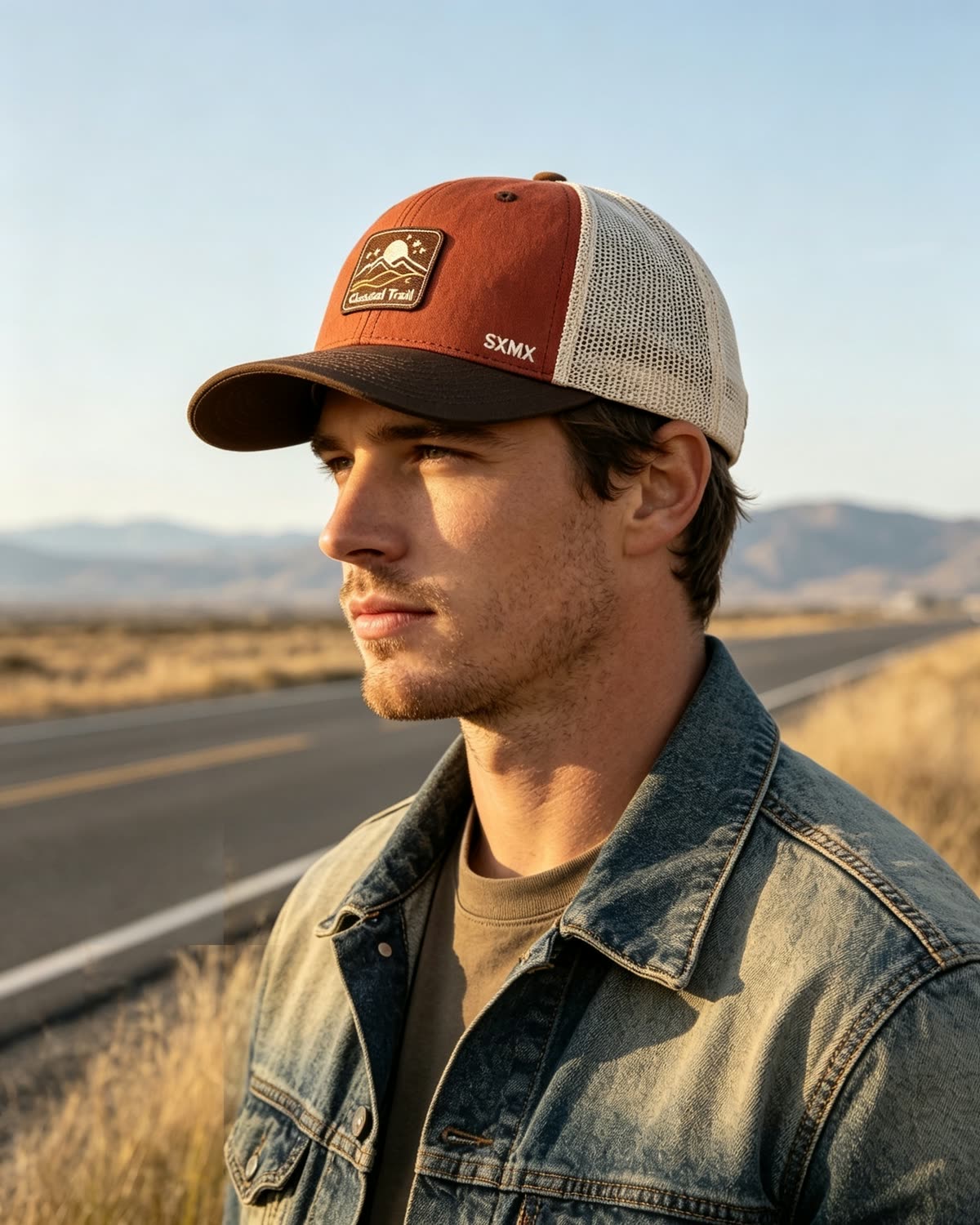 Custom Mountain Patch Trucker Cap with Black Mesh Back on model
