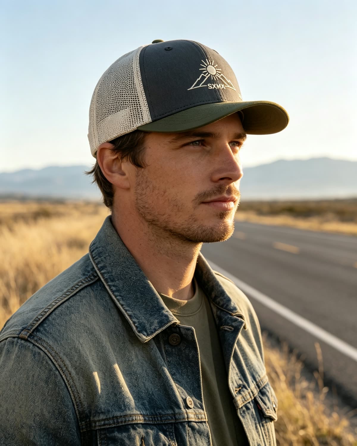 Custom Mountain Patch Trucker Cap with Black Mesh Back on model