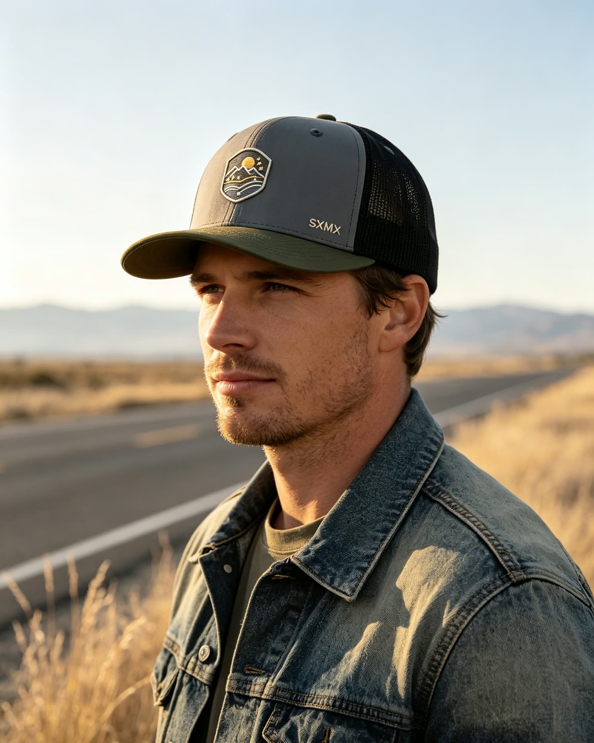 Custom Mountain Patch Trucker Cap with Black Mesh Back on model