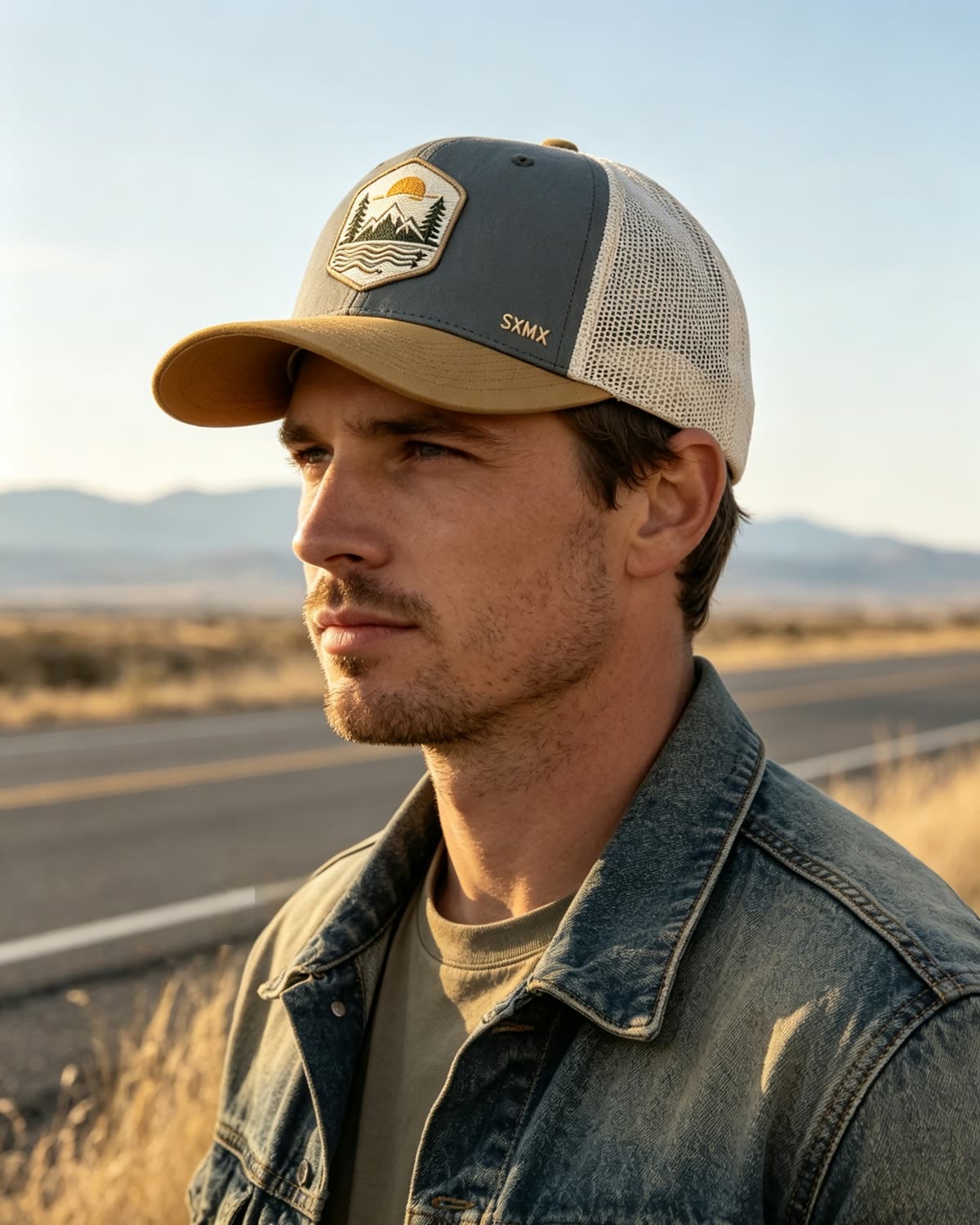 Custom Mountain Patch Trucker Cap with Black Mesh Back on model