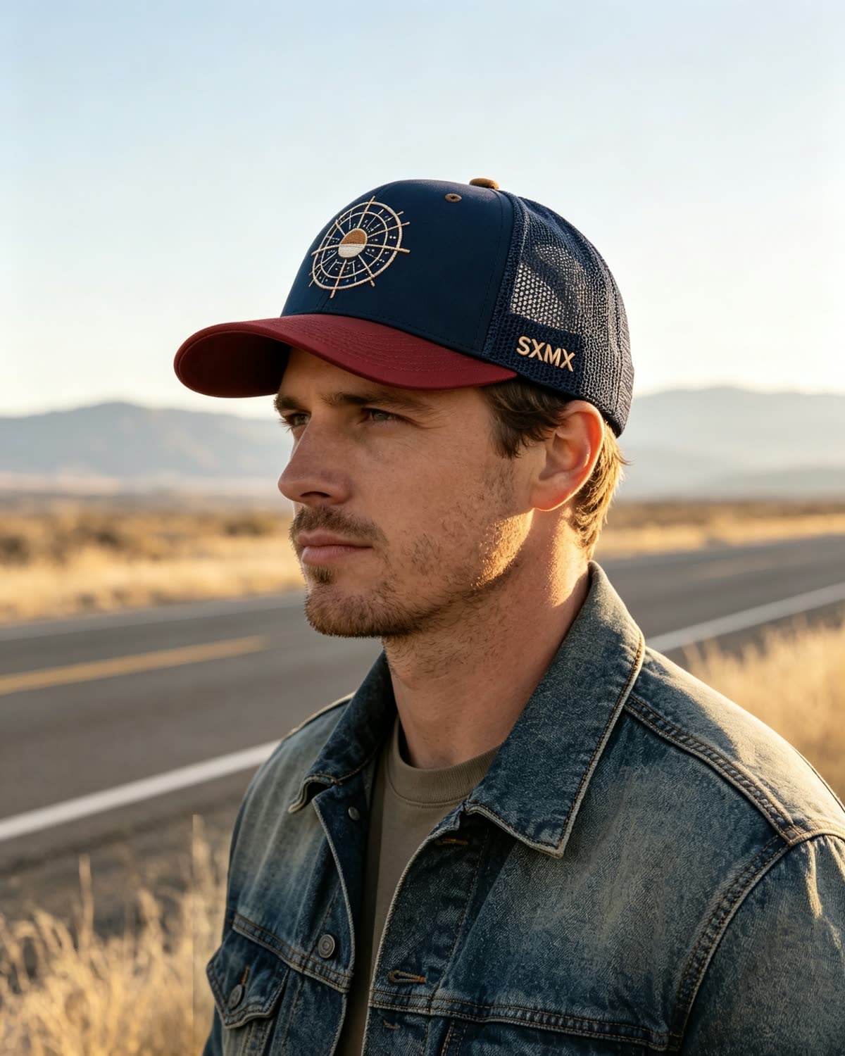 Custom Mountain Patch Trucker Cap with Black Mesh Back on model