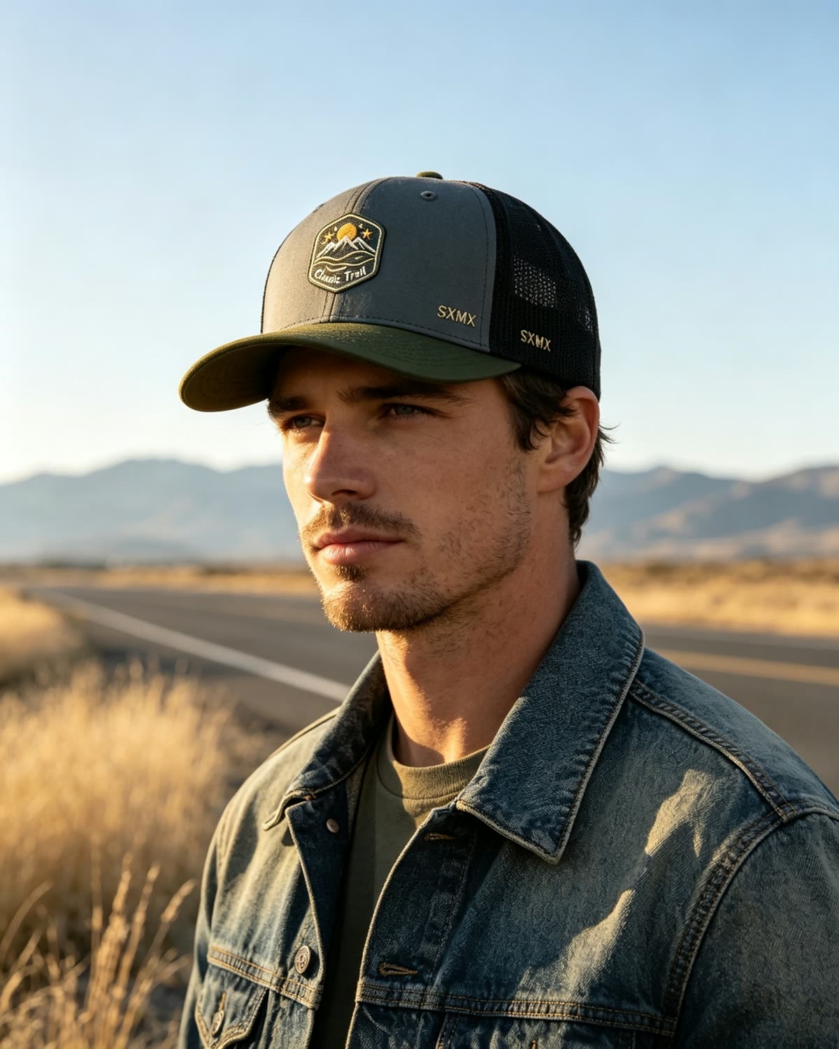 Custom Mountain Patch Trucker Cap with Black Mesh Back on model