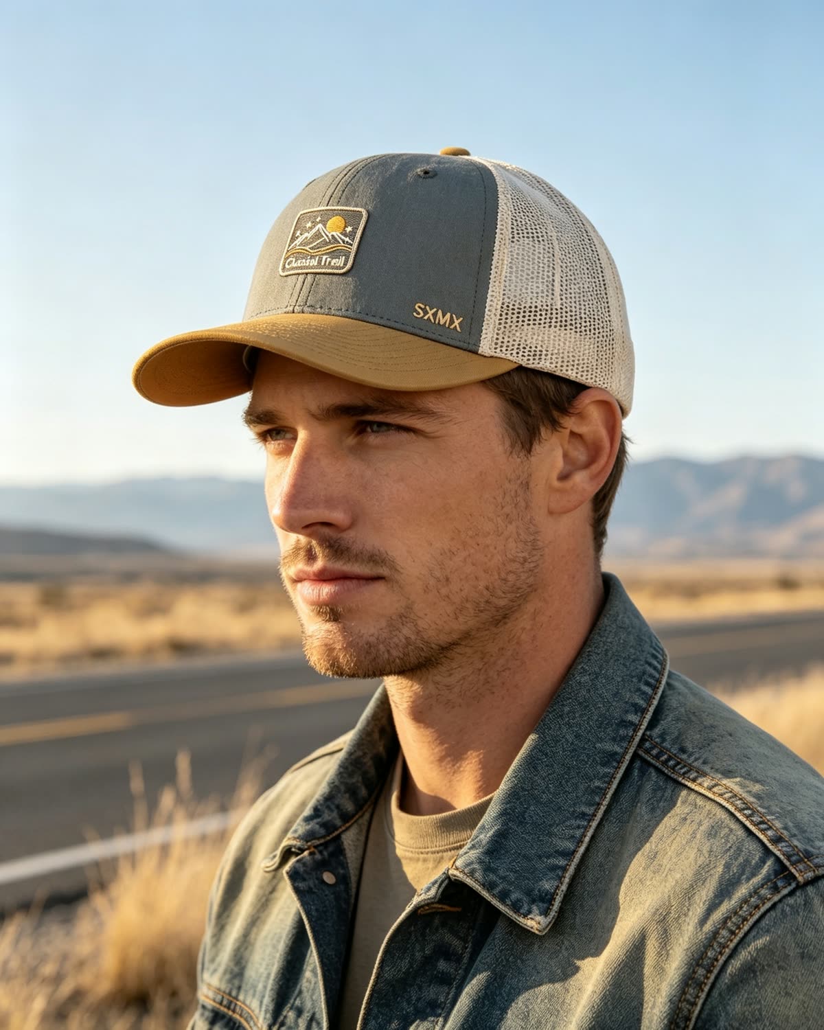 Custom Mountain Patch Trucker Cap with Black Mesh Back on model