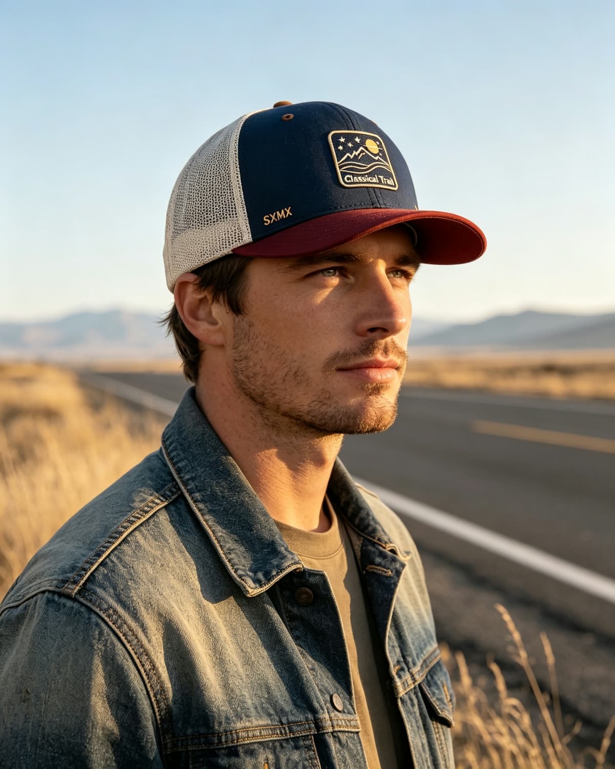 Custom Mountain Patch Trucker Cap with Black Mesh Back on model