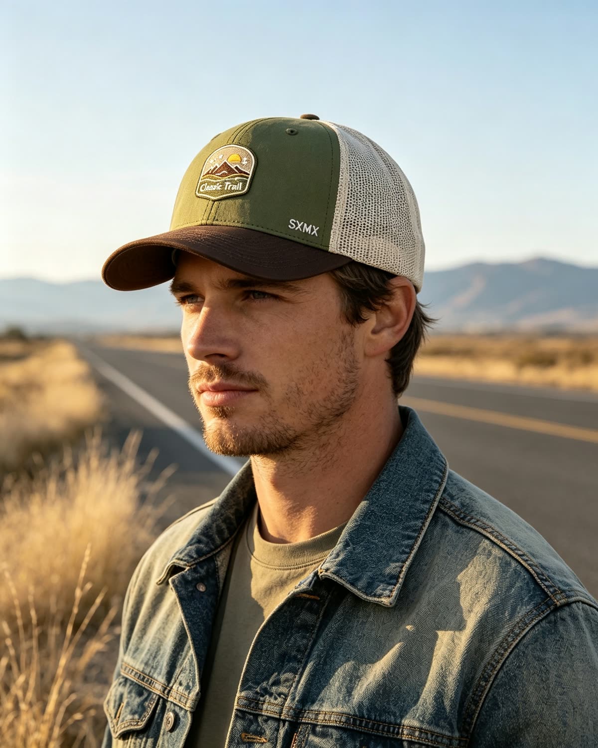 Custom Mountain Patch Trucker Cap with Black Mesh Back on model