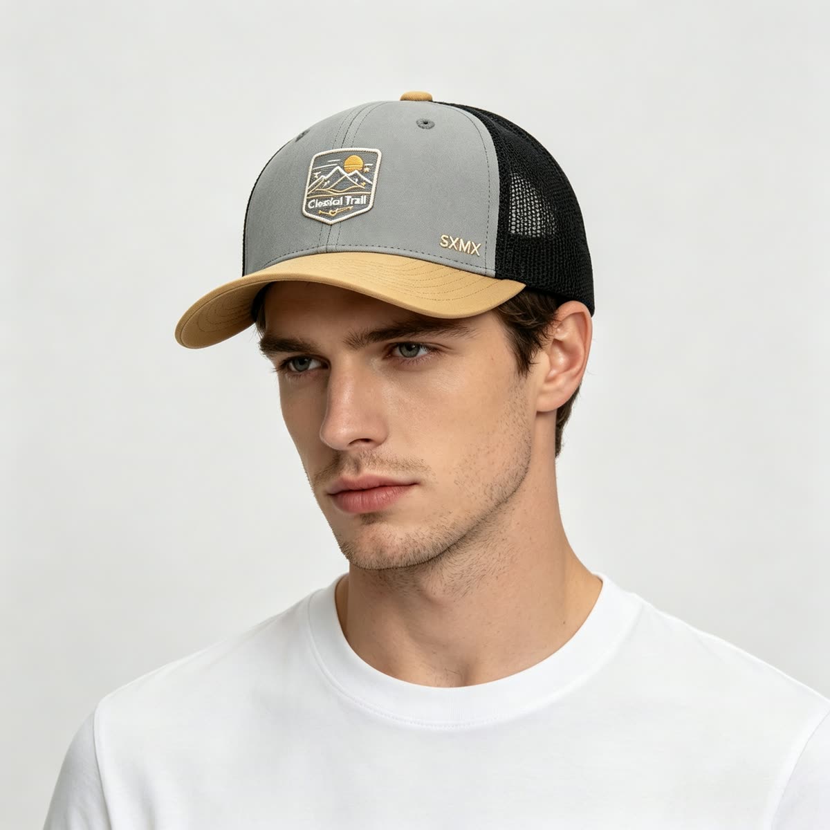Custom Mountain Patch Trucker Cap with Black Mesh Back on model