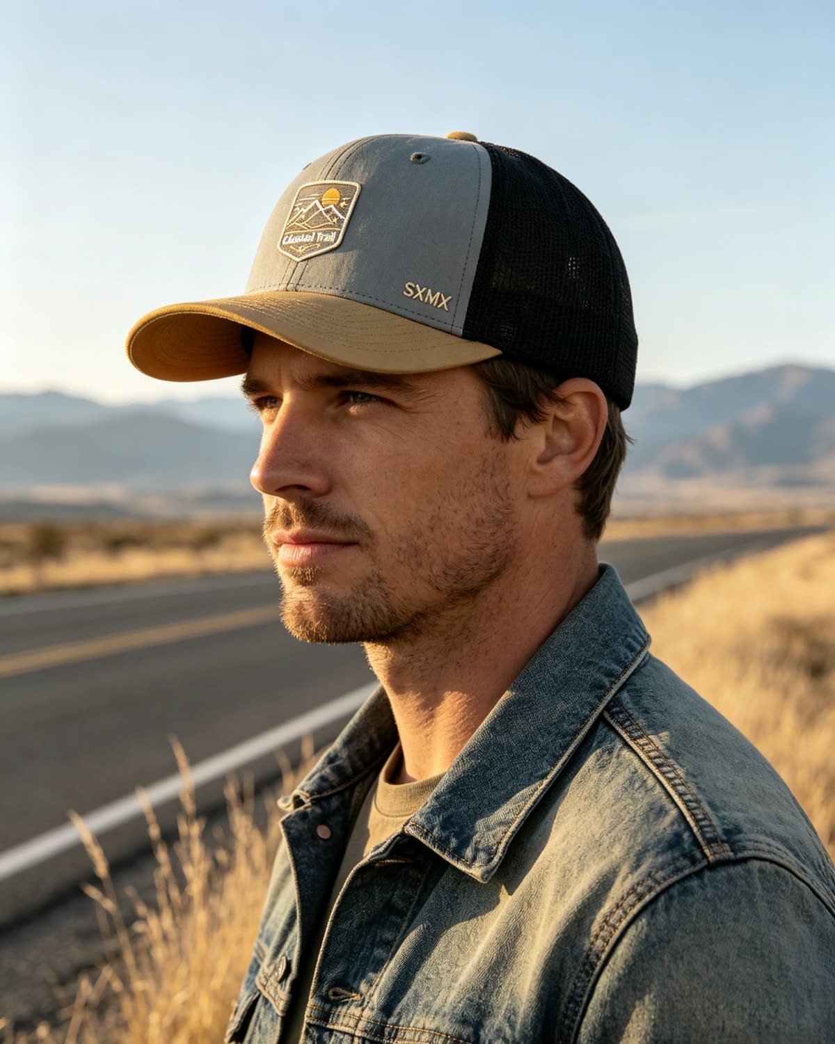 Custom Mountain Patch Trucker Cap with Black Mesh Back on model