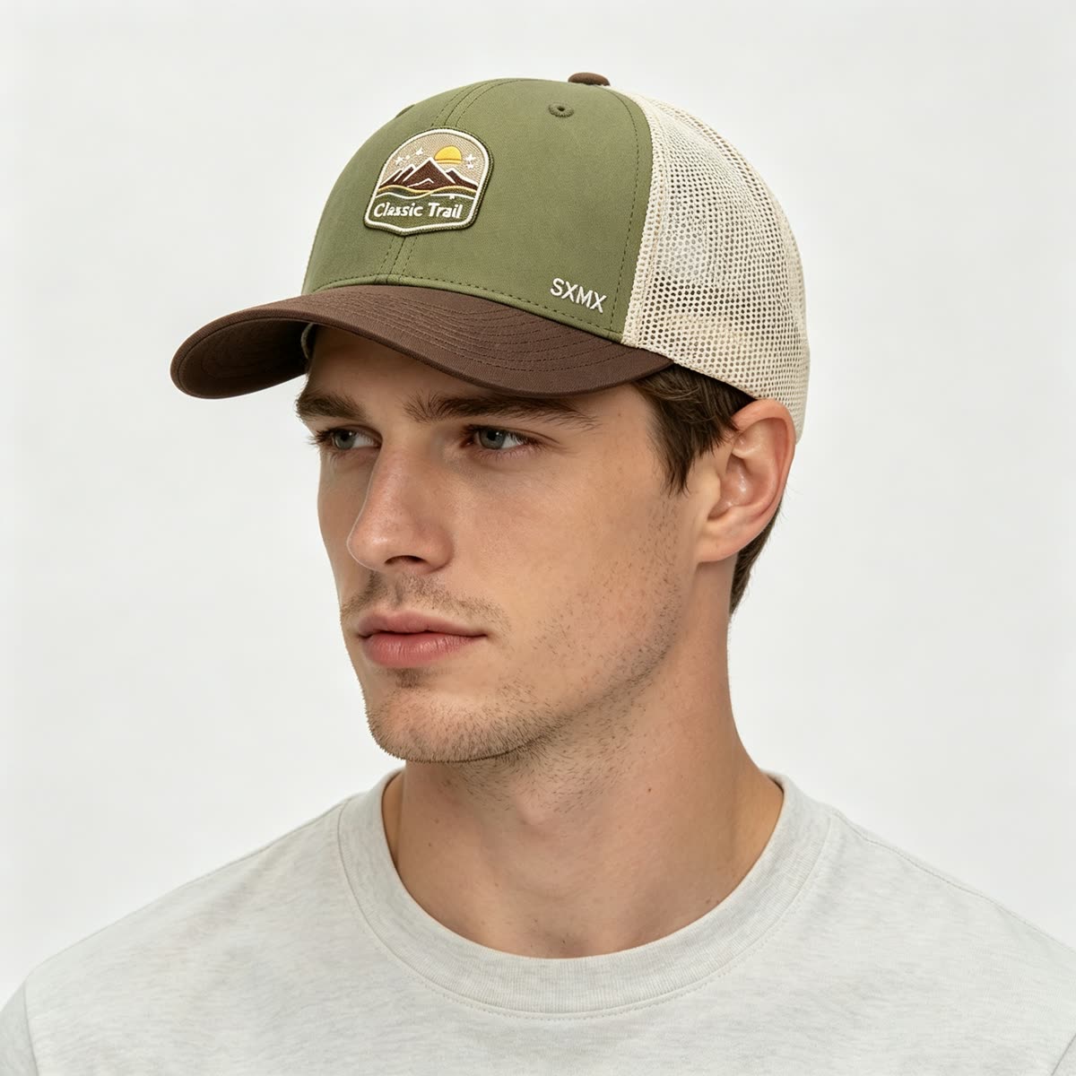 Custom Mountain Patch Trucker Cap with Black Mesh Back on model