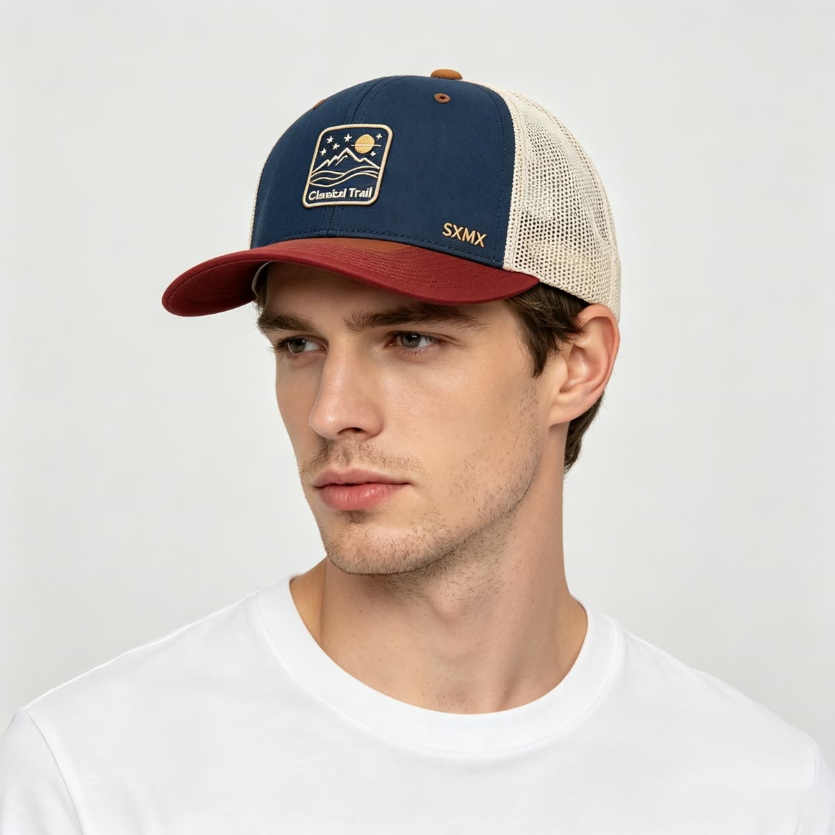 Custom Mountain Patch Trucker Cap with Black Mesh Back on model