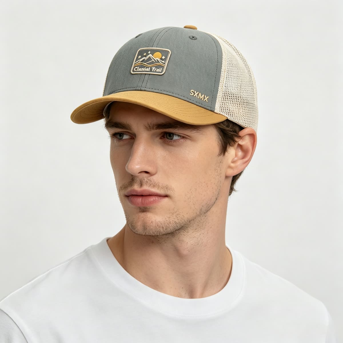 Custom Mountain Patch Trucker Cap with Black Mesh Back on model