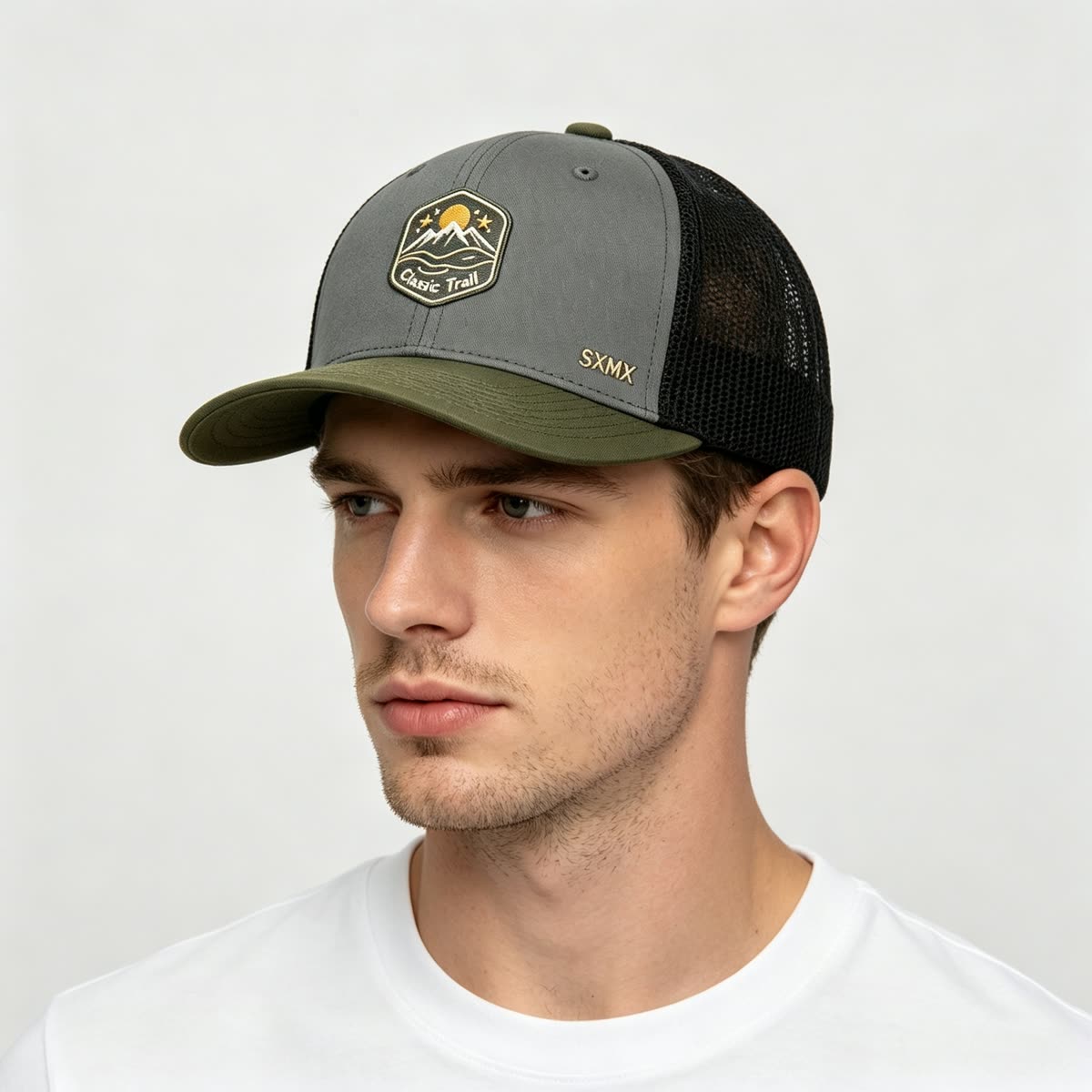 Custom Mountain Patch Trucker Cap with Black Mesh Back on model