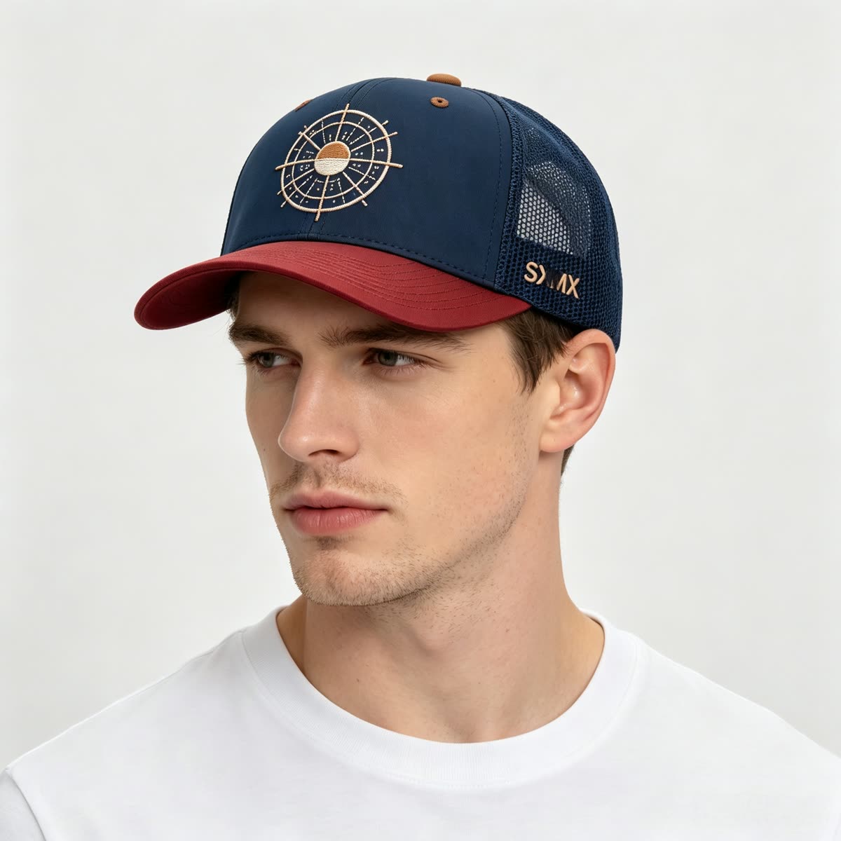 Custom Mountain Patch Trucker Cap with Black Mesh Back on model