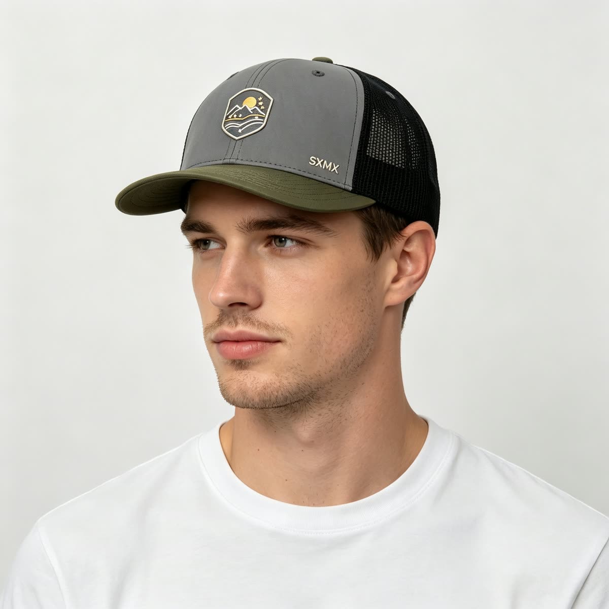 Custom Mountain Patch Trucker Cap with Black Mesh Back on model