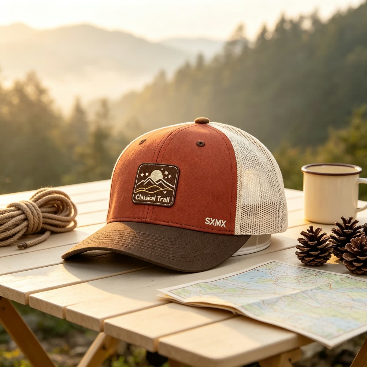 Custom Mountain Patch Trucker Cap with Black Mesh Back scene