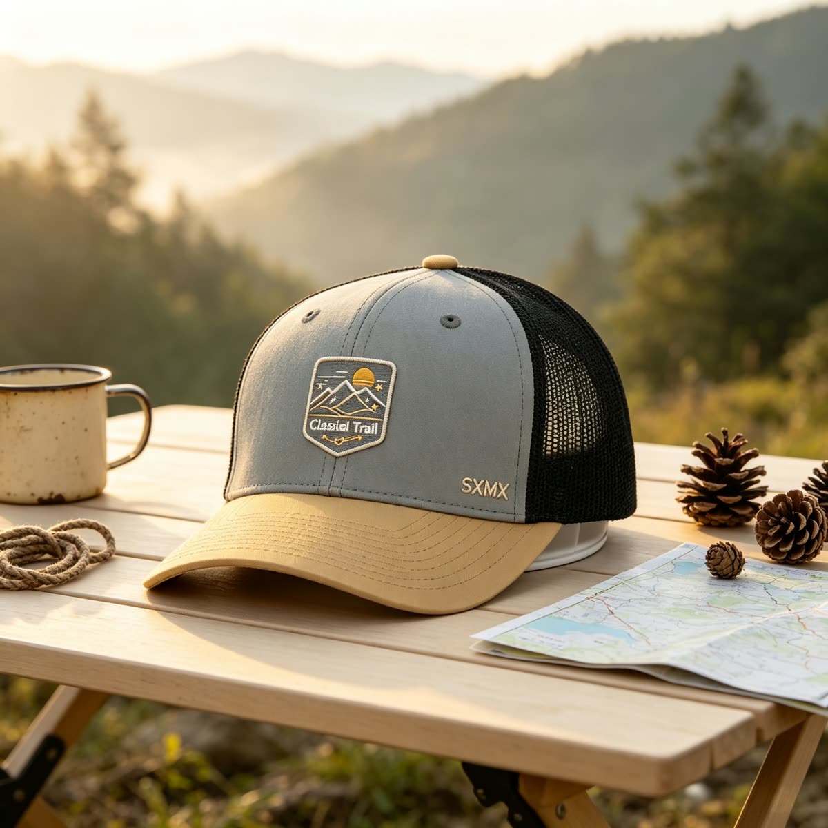 Custom Mountain Patch Trucker Cap with Black Mesh Back scene