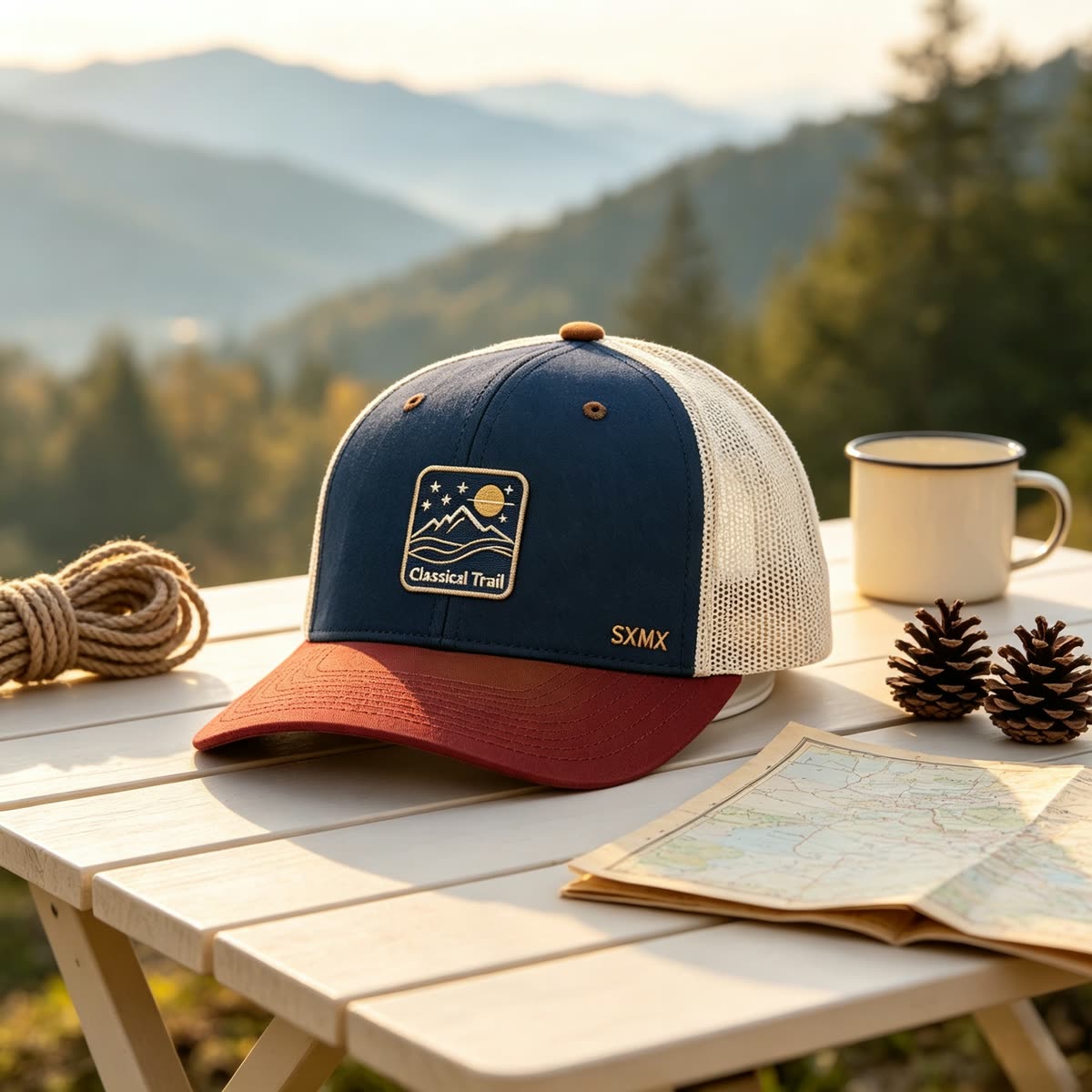 Custom Mountain Patch Trucker Cap with Black Mesh Back scene