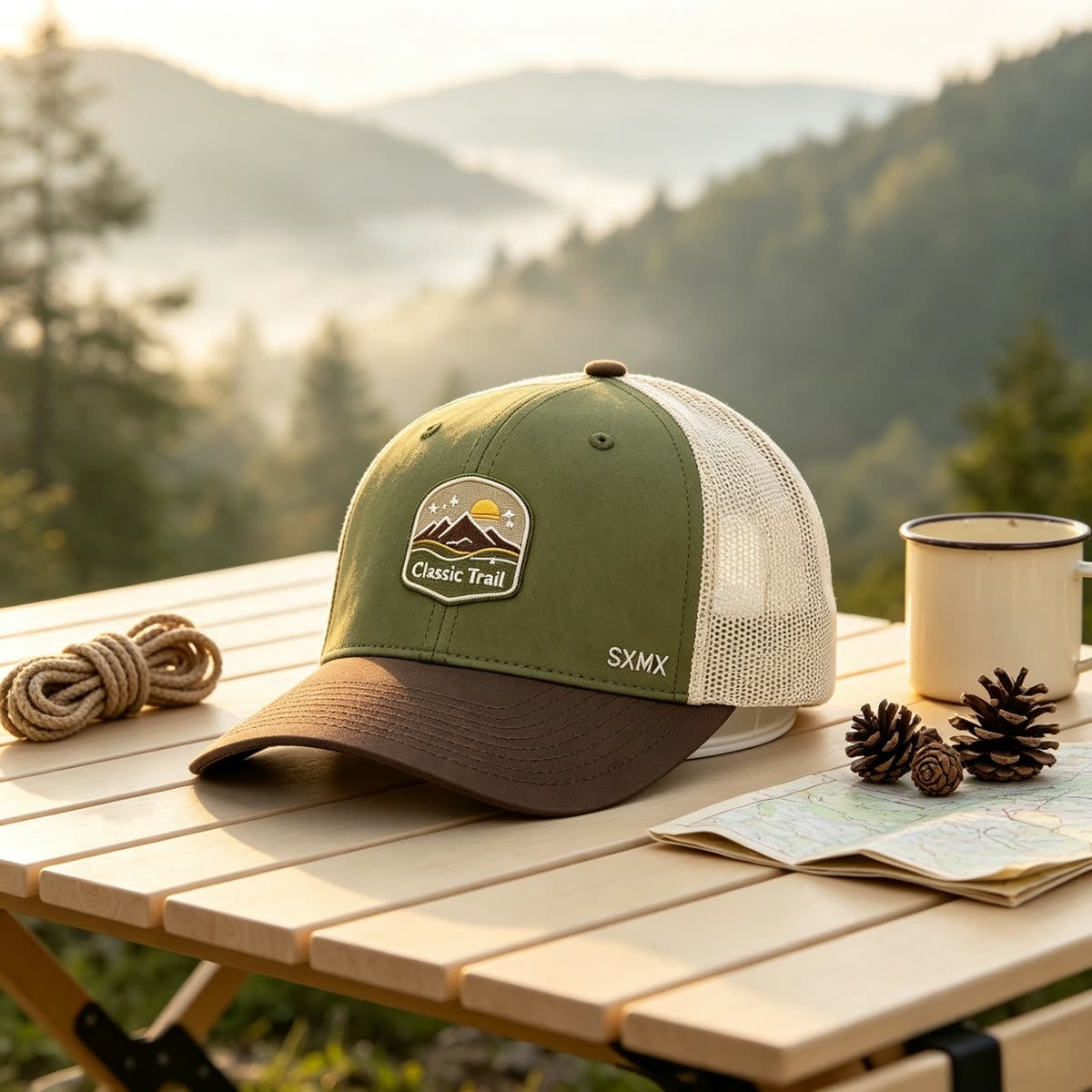 Custom Mountain Patch Trucker Cap with Black Mesh Back scene