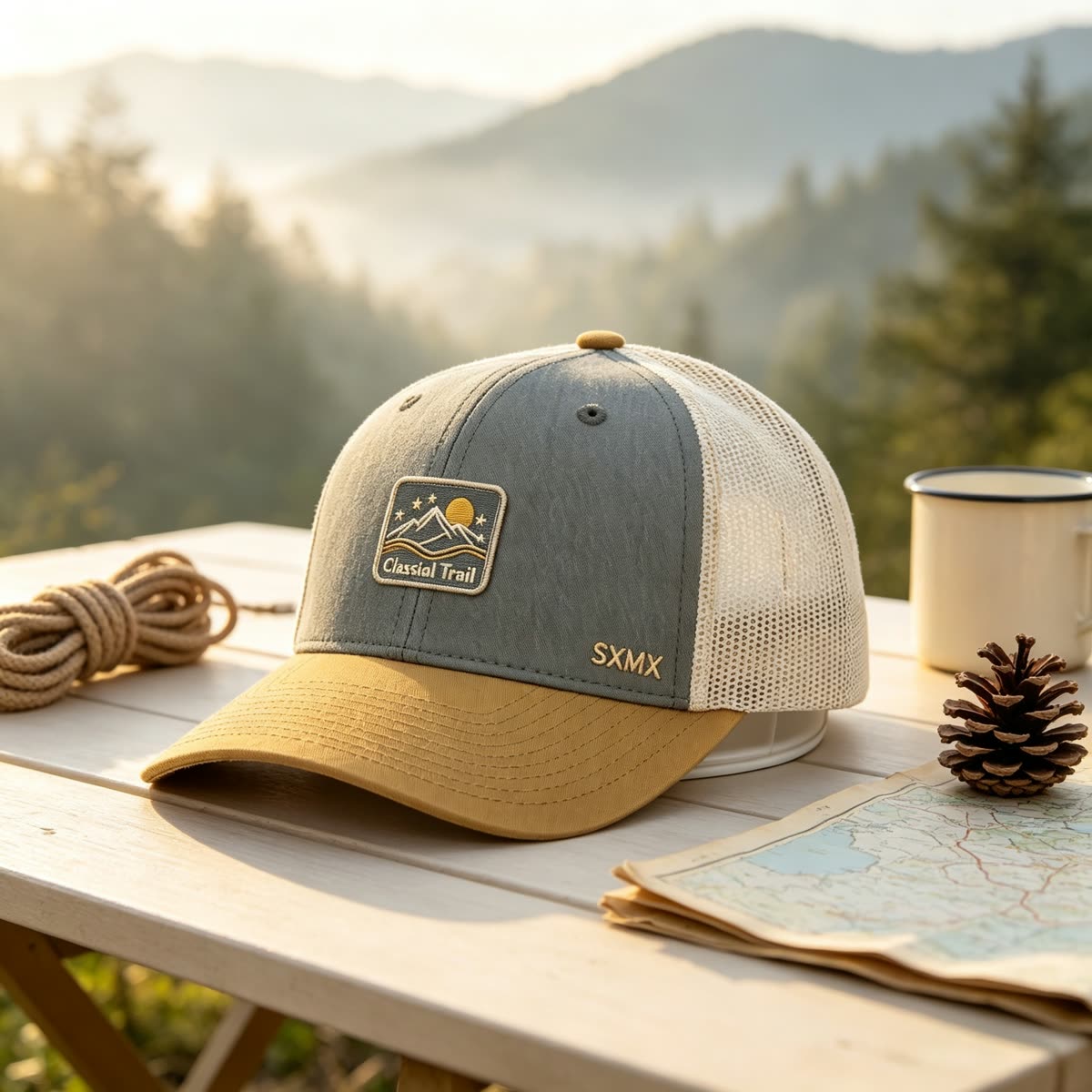 Custom Mountain Patch Trucker Cap with Black Mesh Back scene