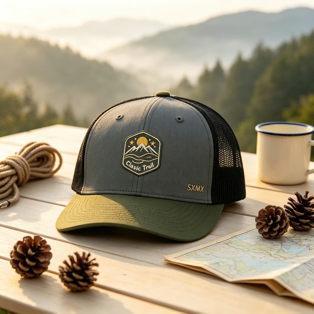 Custom Mountain Patch Trucker Cap with Black Mesh Back scene