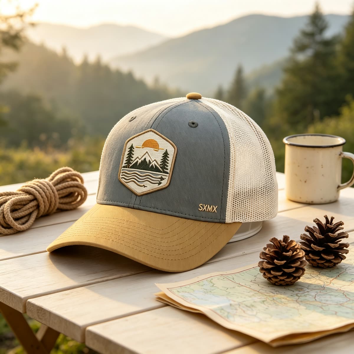 Custom Mountain Patch Trucker Cap with Black Mesh Back scene