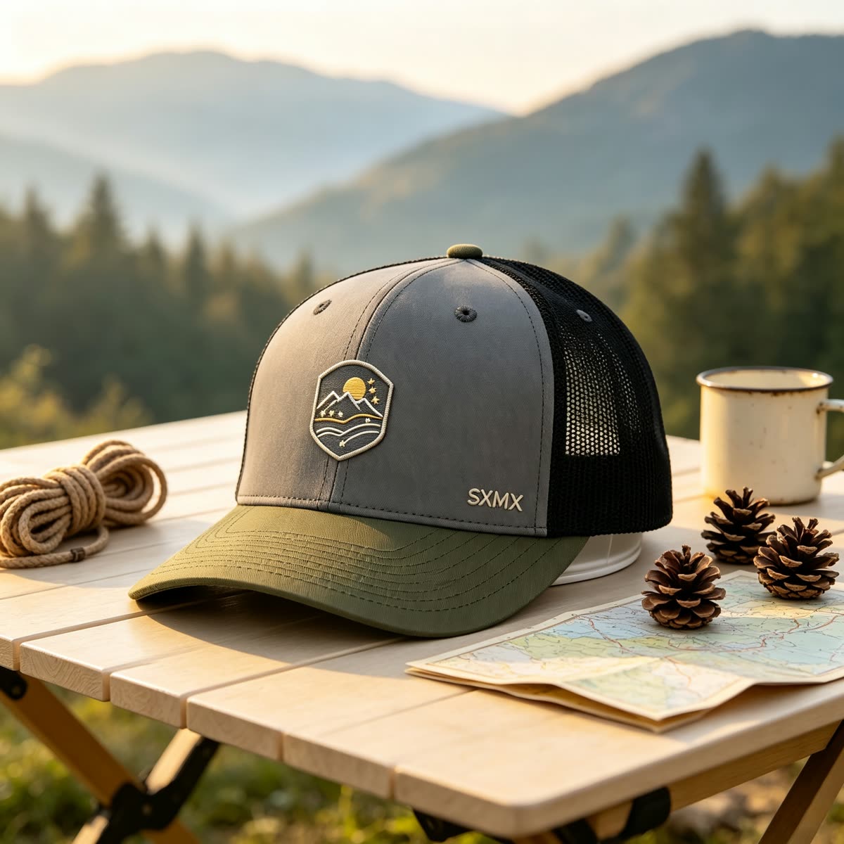 Custom Mountain Patch Trucker Cap with Black Mesh Back scene