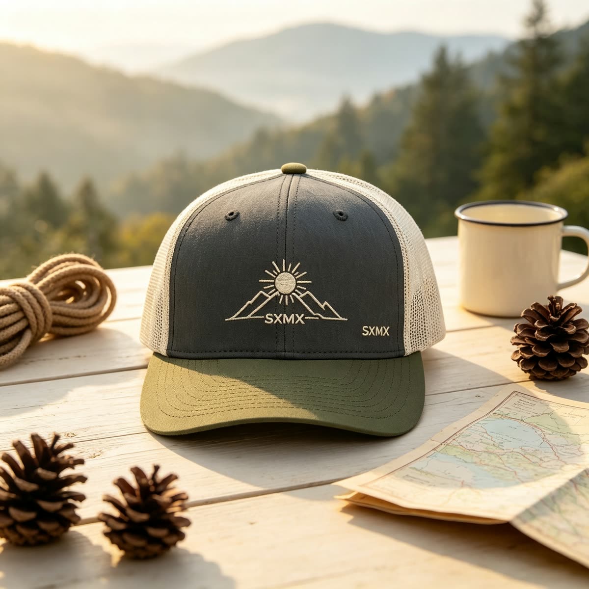 Custom Mountain Patch Trucker Cap with Black Mesh Back scene