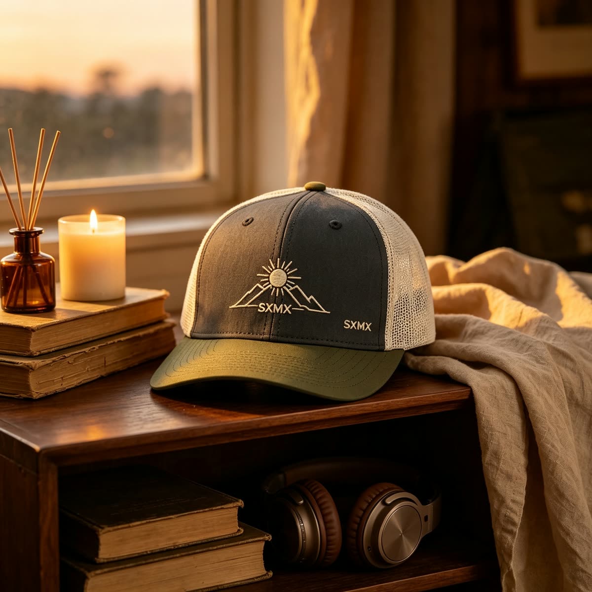Custom Mountain Patch Trucker Cap with Black Mesh Back scene