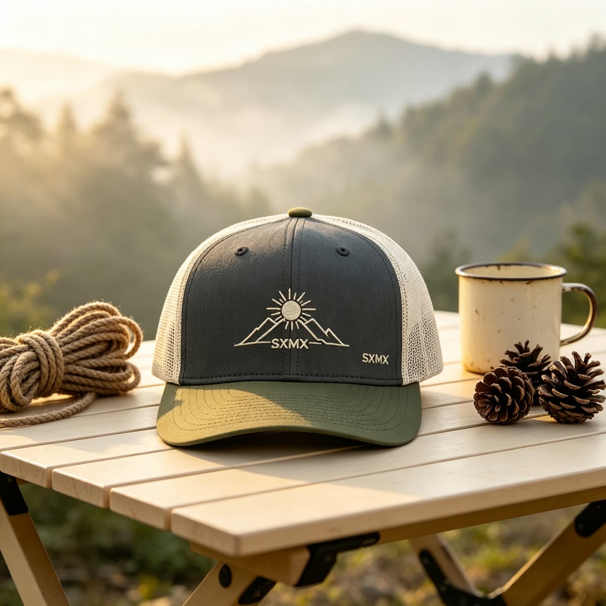 Custom Mountain Patch Trucker Cap with Black Mesh Back scene