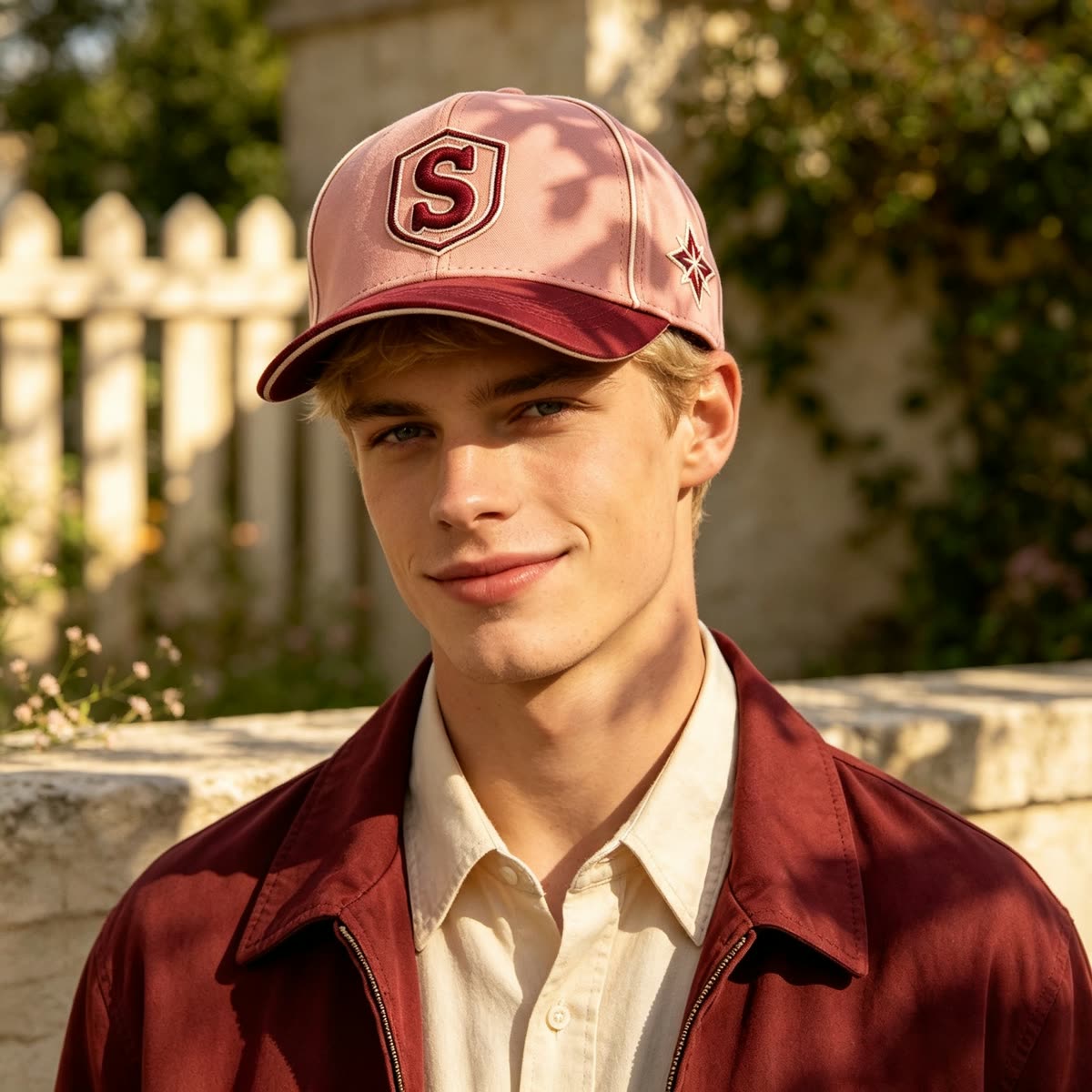 Custom Embroidered Crest Baseball Cap with Contrast Trim on model