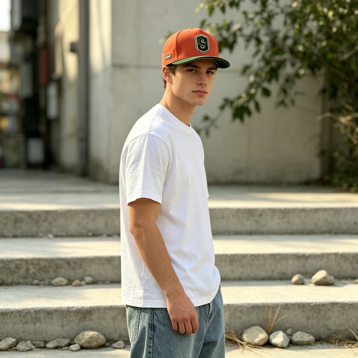 Custom Embroidered Crest Baseball Cap with Contrast Trim on model