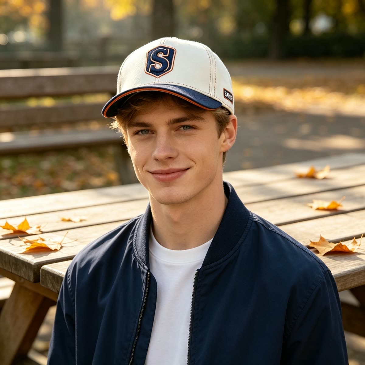 Custom Embroidered Crest Baseball Cap with Contrast Trim on model