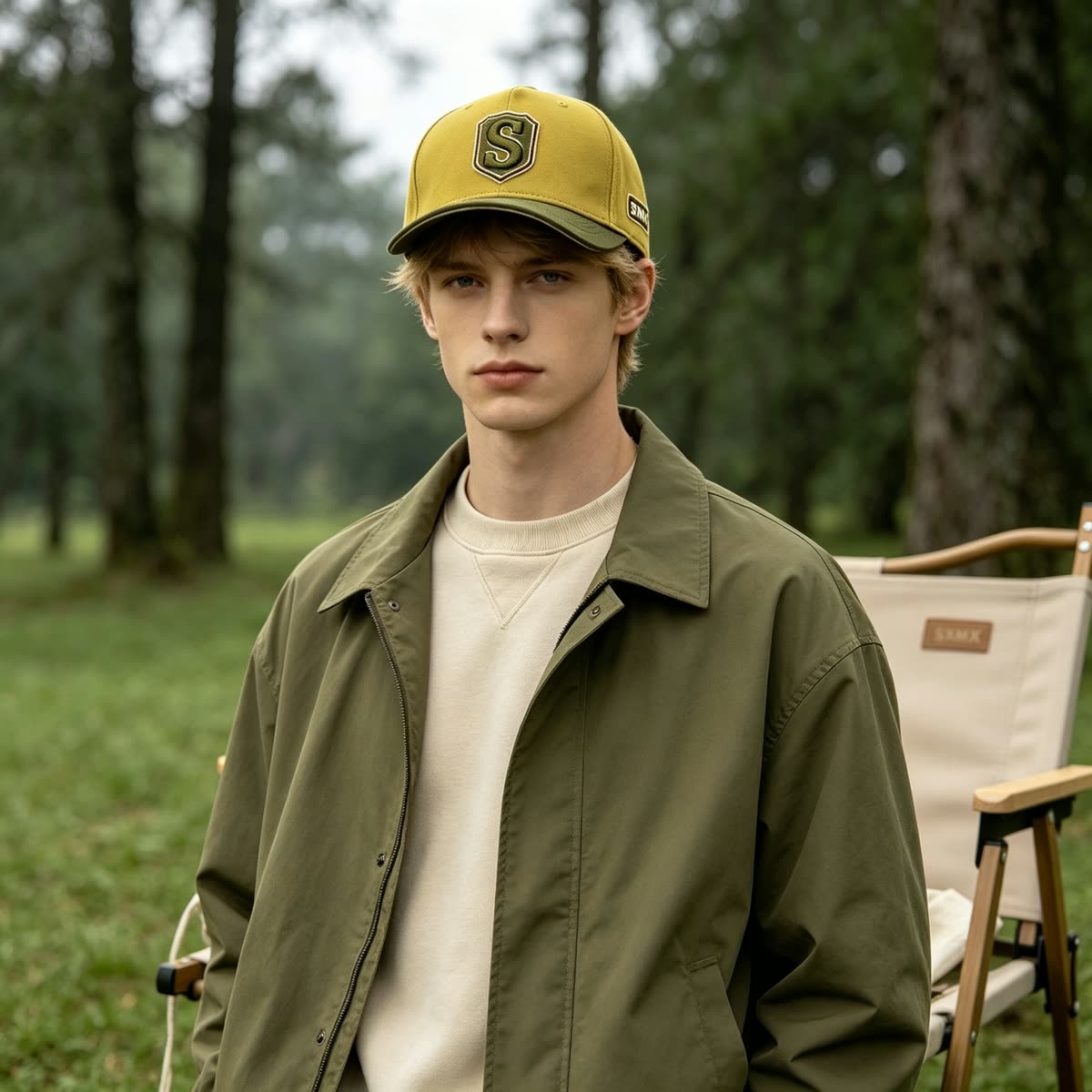 Custom Embroidered Crest Baseball Cap with Contrast Trim on model
