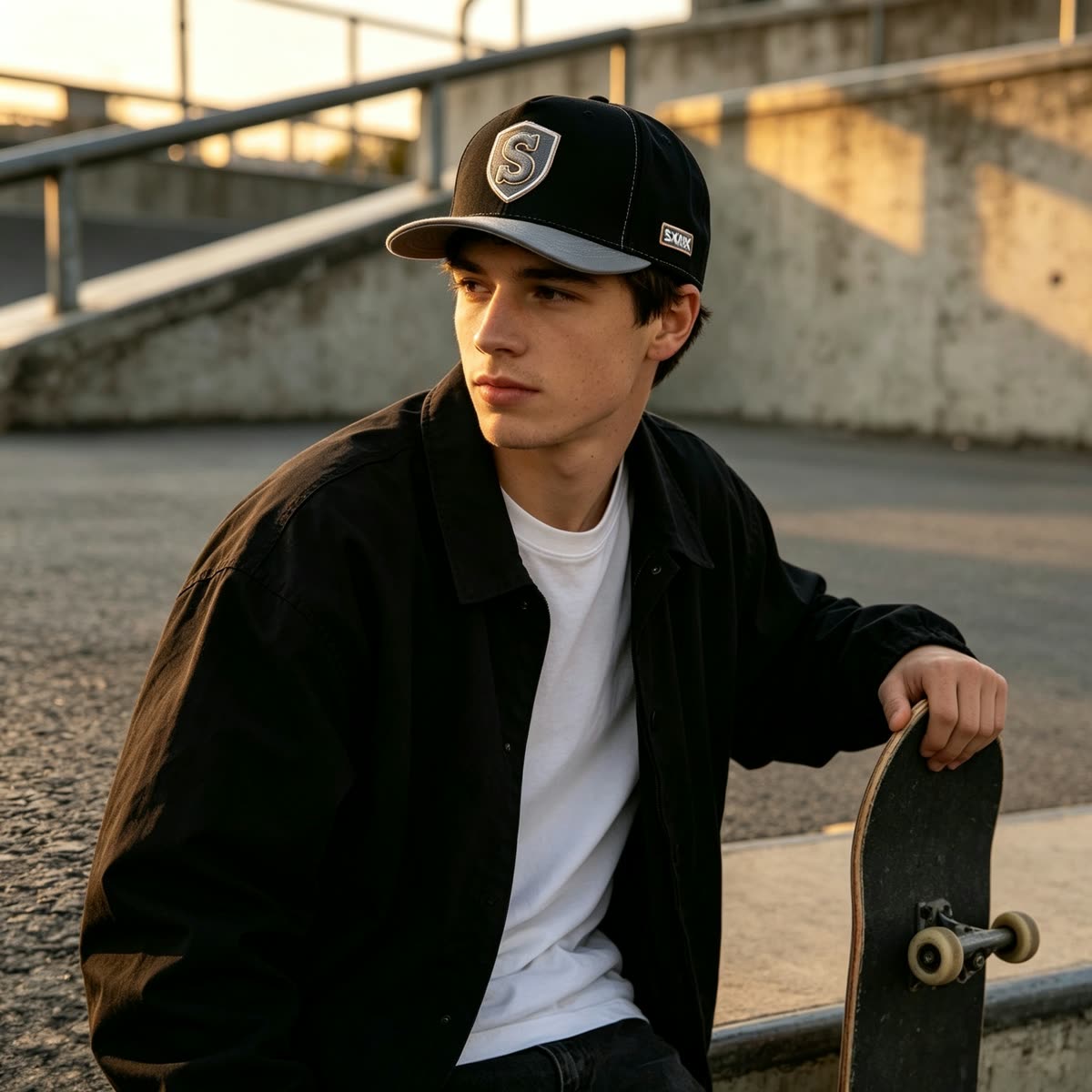 Custom Embroidered Crest Baseball Cap with Contrast Trim on model