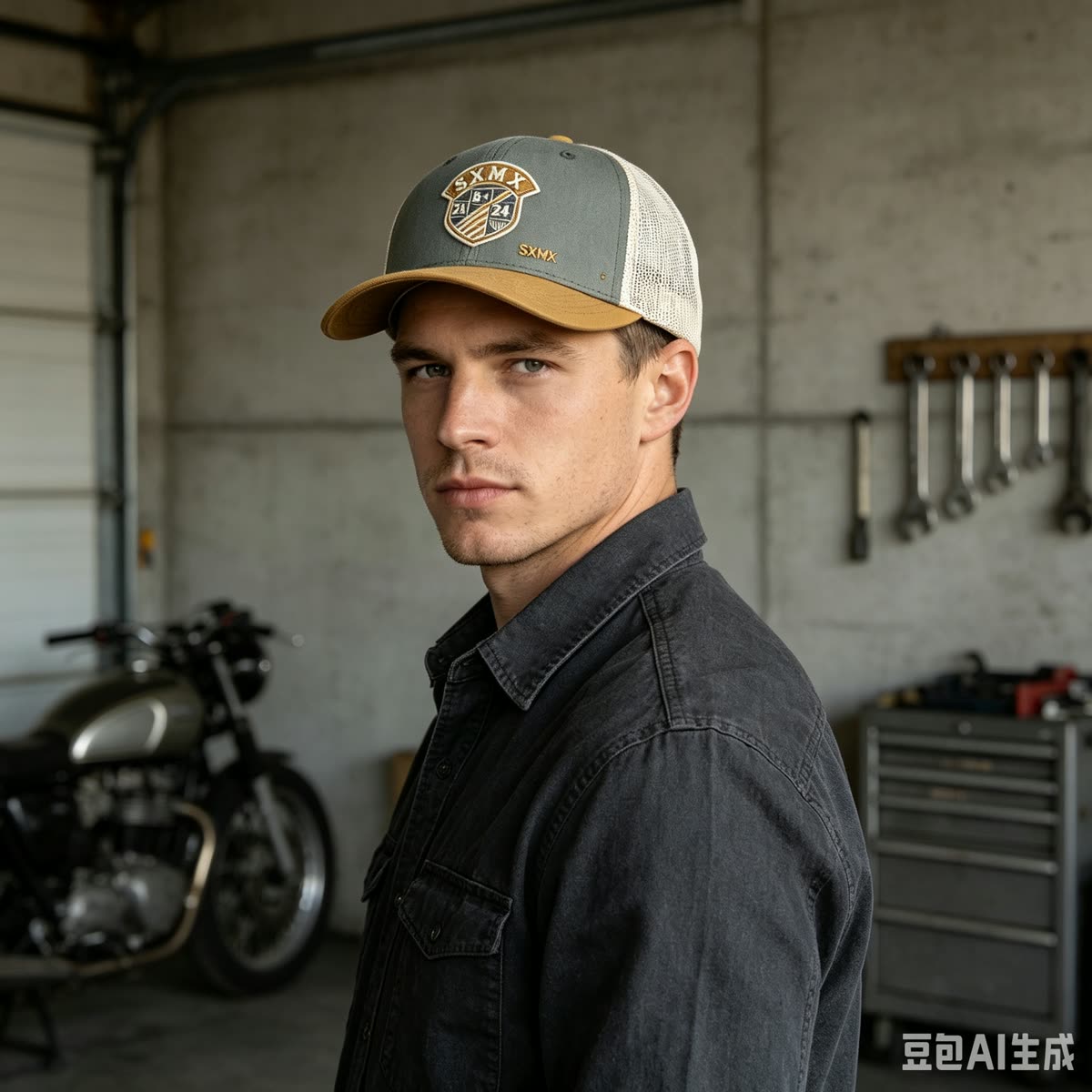 Custom Embroidered Crest Trucker Cap with Mesh Back on model