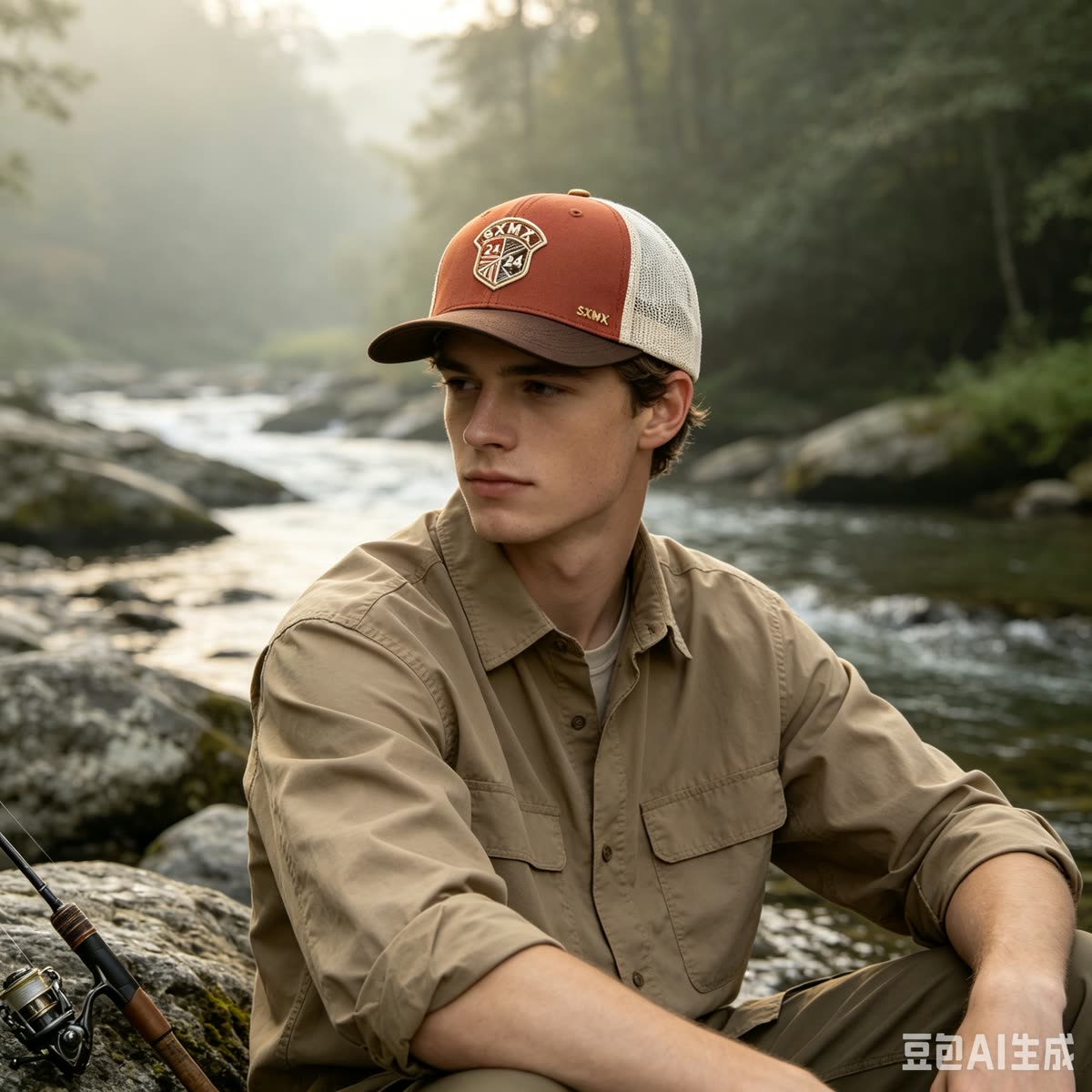 Custom Embroidered Crest Trucker Cap with Mesh Back on model