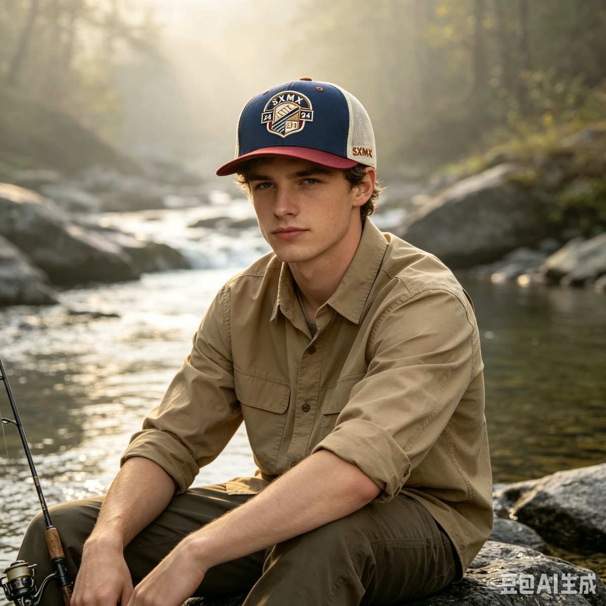 Custom Embroidered Crest Trucker Cap with Mesh Back on model