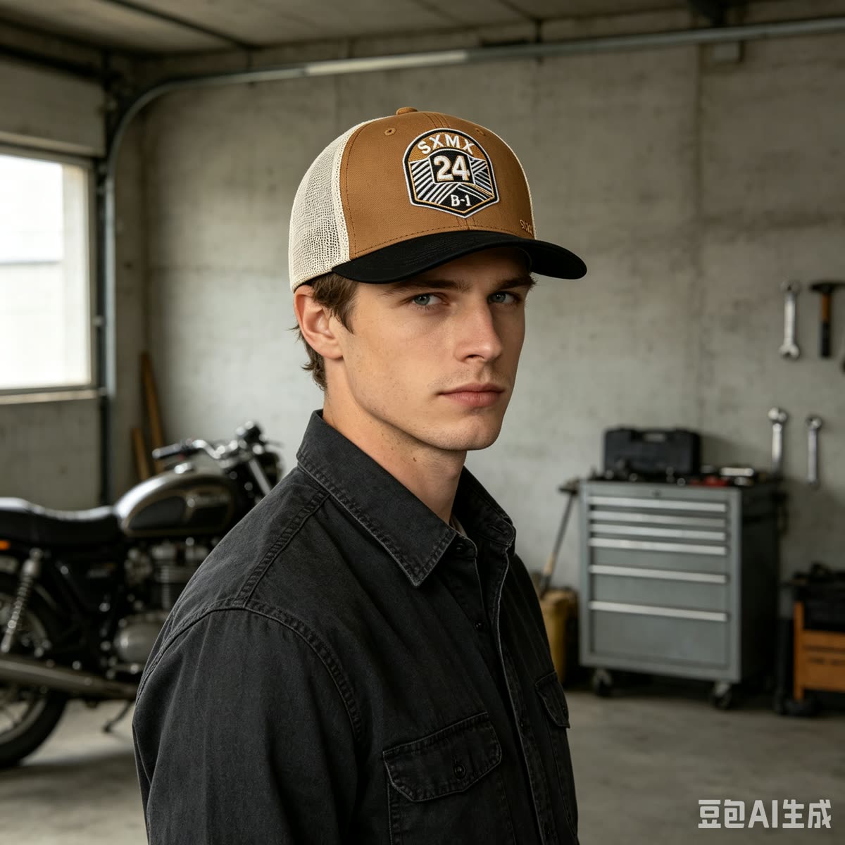 Custom Embroidered Crest Trucker Cap with Mesh Back on model
