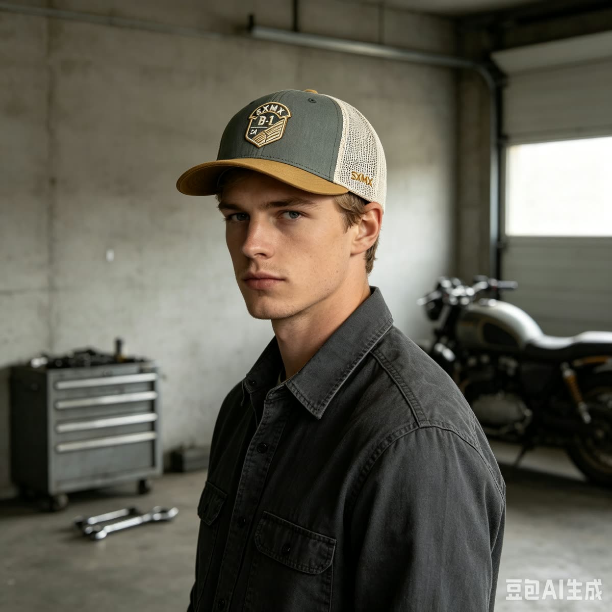 Custom Embroidered Crest Trucker Cap with Mesh Back on model