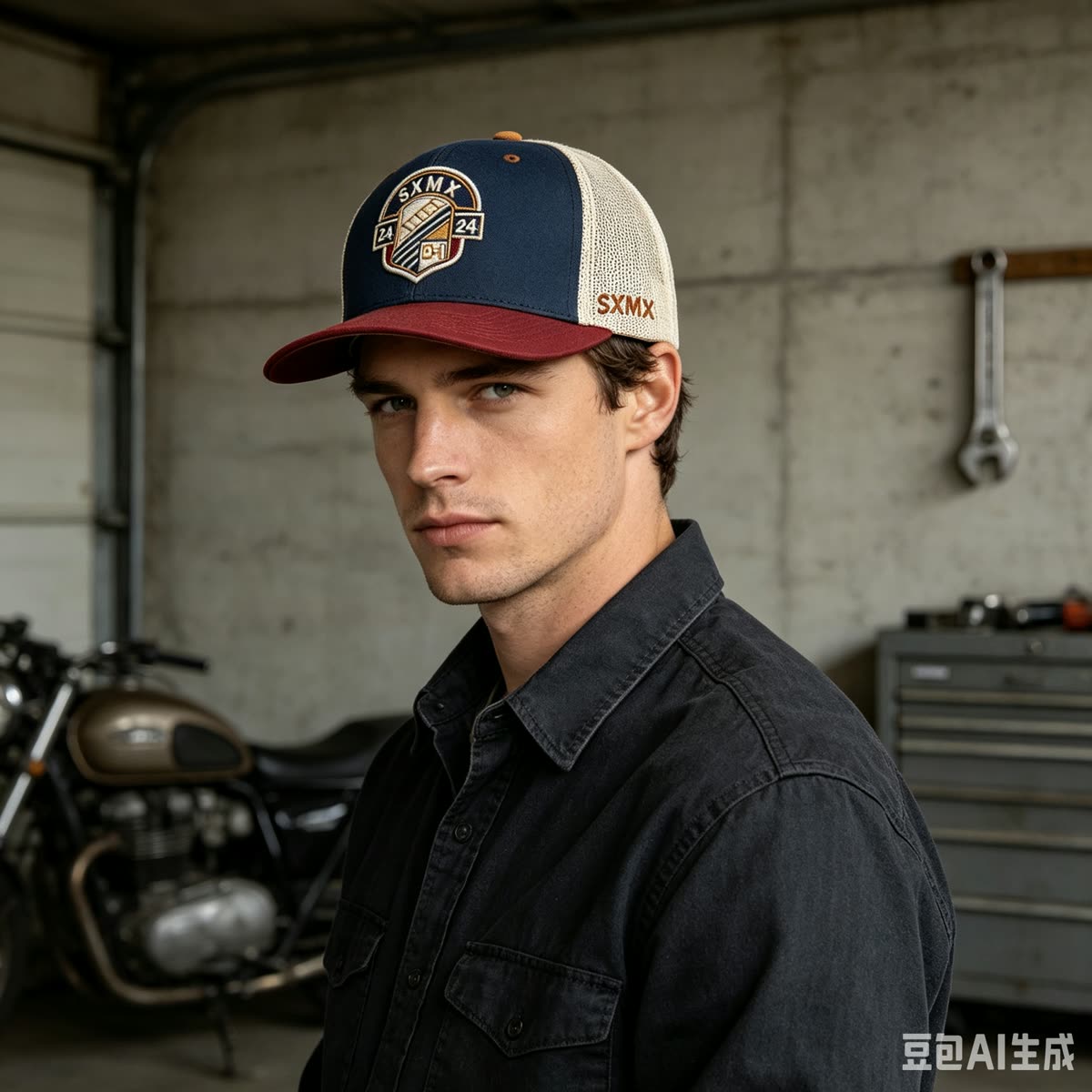 Custom Embroidered Crest Trucker Cap with Mesh Back on model