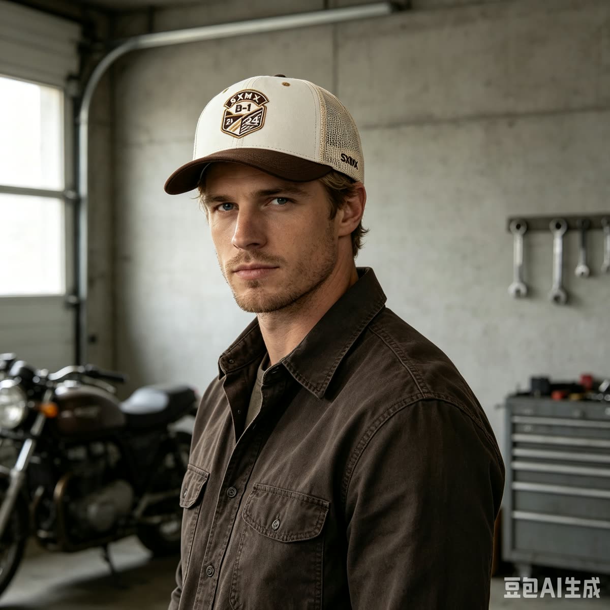 Custom Embroidered Crest Trucker Cap with Mesh Back on model