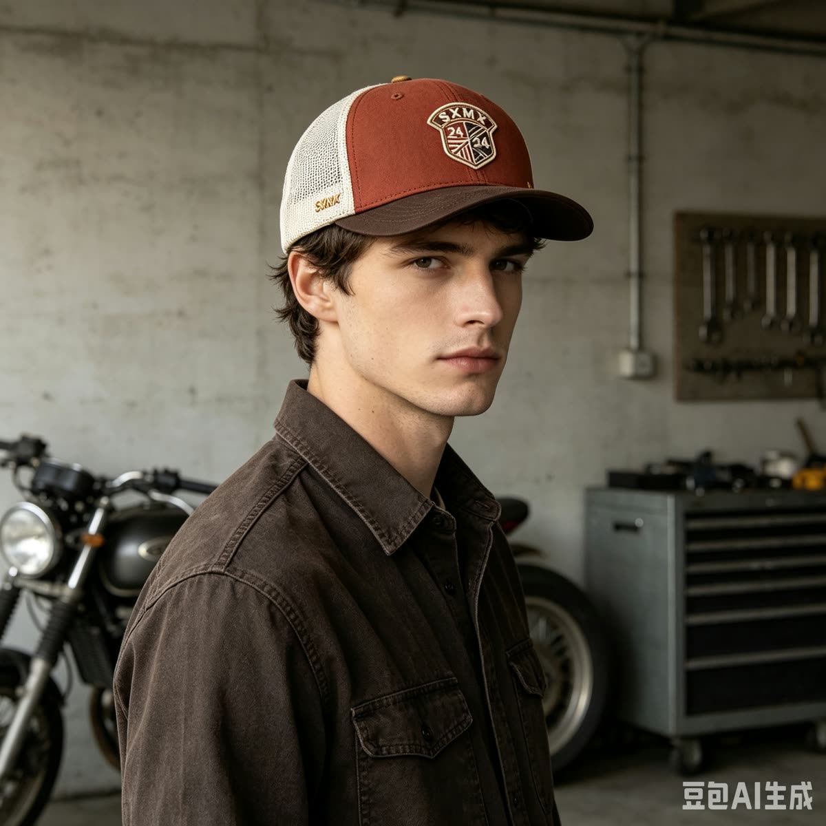 Custom Embroidered Crest Trucker Cap with Mesh Back on model