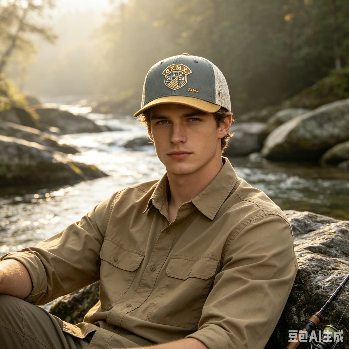 Custom Embroidered Crest Trucker Cap with Mesh Back on model