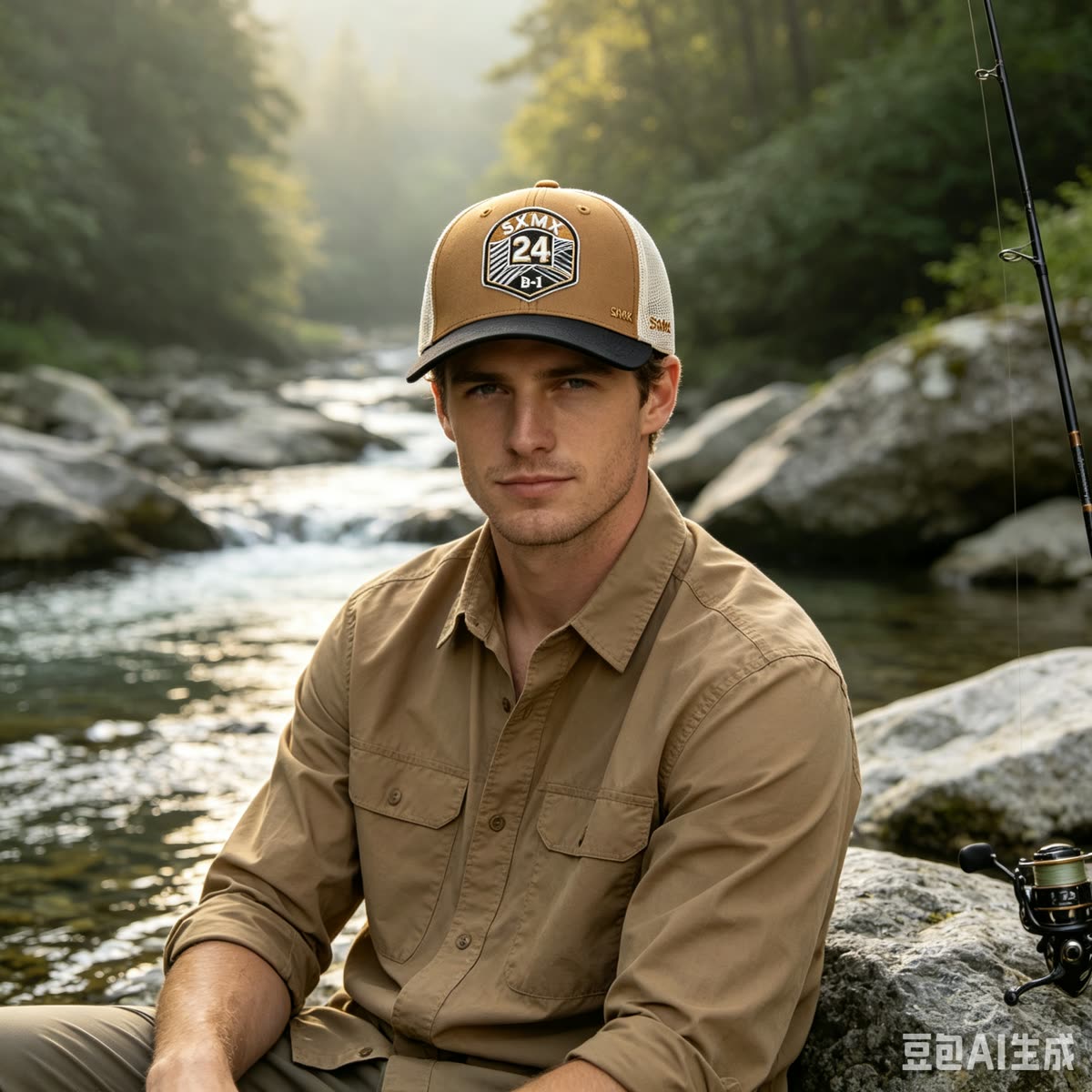 Custom Embroidered Crest Trucker Cap with Mesh Back on model