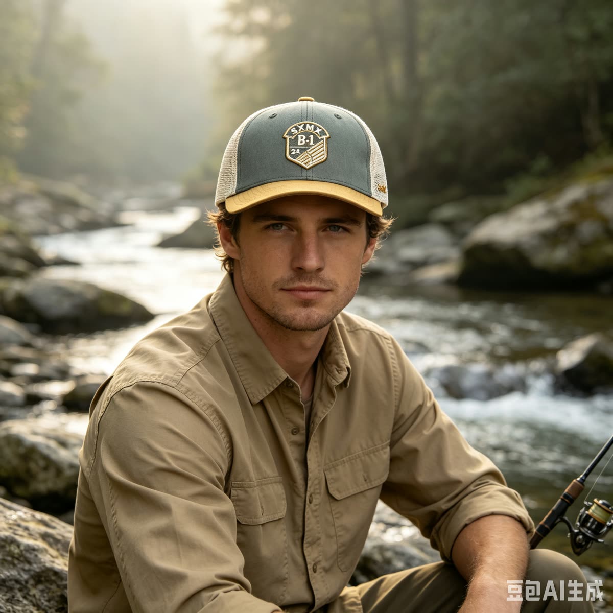 Custom Embroidered Crest Trucker Cap with Mesh Back on model